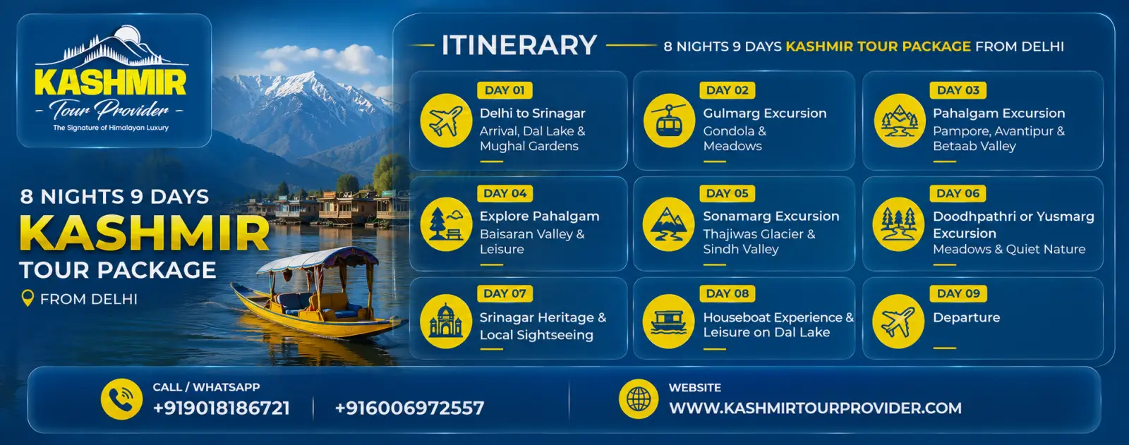 8 Nights 9 Days Kashmir Tour Package from Delhi Itinerary