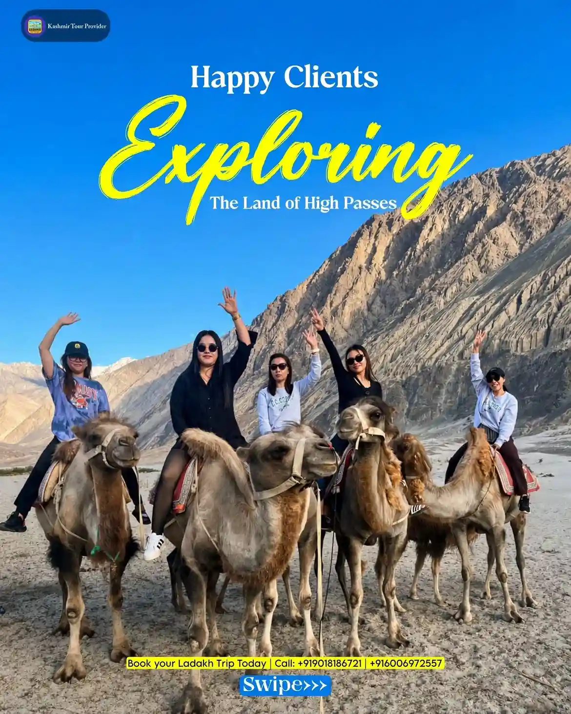 Luxury Kashmir and Ladakh tour guests enjoying a camel ride in Nubra Valley